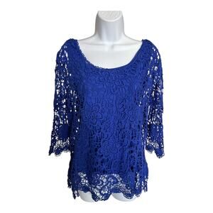 Ellen Weaver Royal blue 3/4 long sleeve crochet lace layered top PL NWT